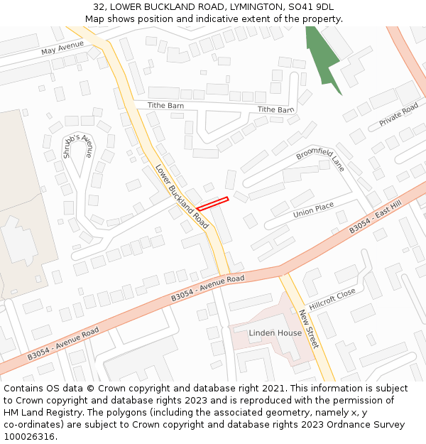 32, LOWER BUCKLAND ROAD, LYMINGTON, SO41 9DL: Location map and indicative extent of plot