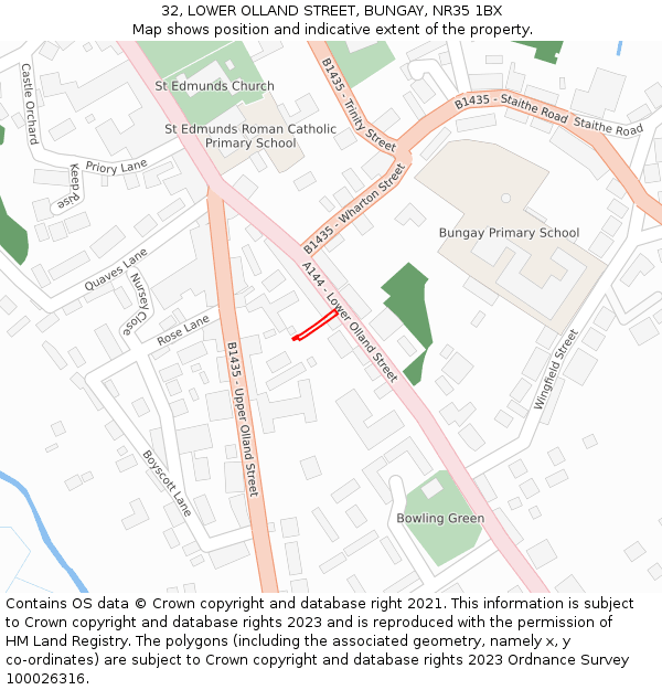 32, LOWER OLLAND STREET, BUNGAY, NR35 1BX: Location map and indicative extent of plot