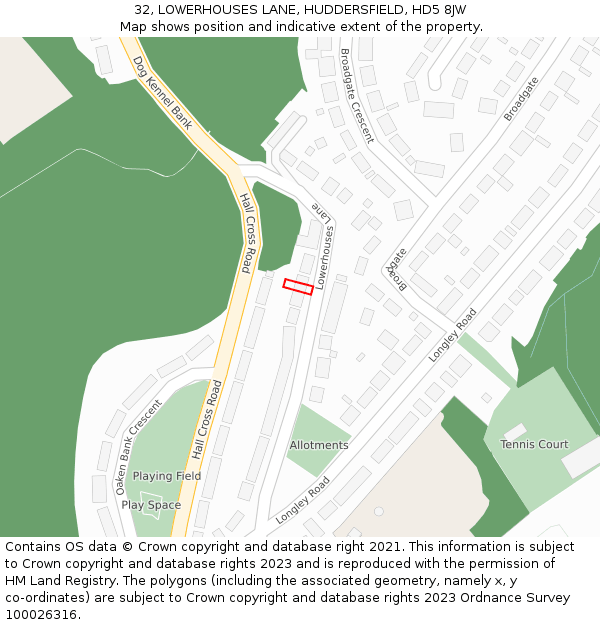 32, LOWERHOUSES LANE, HUDDERSFIELD, HD5 8JW: Location map and indicative extent of plot