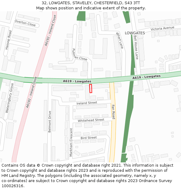 32, LOWGATES, STAVELEY, CHESTERFIELD, S43 3TT: Location map and indicative extent of plot
