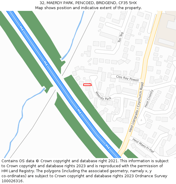 32, MAERDY PARK, PENCOED, BRIDGEND, CF35 5HX: Location map and indicative extent of plot