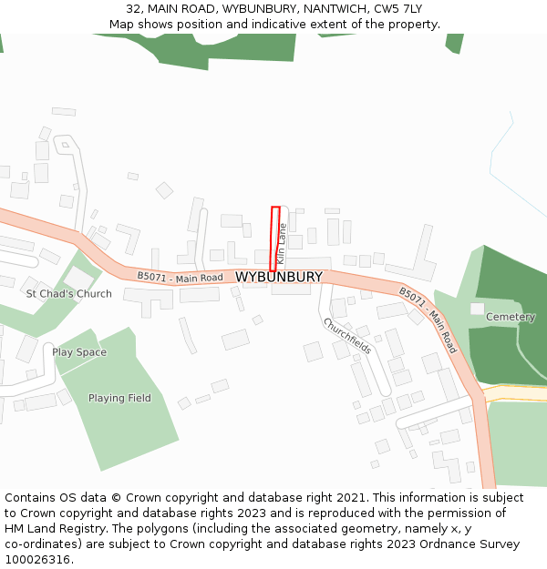 32, MAIN ROAD, WYBUNBURY, NANTWICH, CW5 7LY: Location map and indicative extent of plot
