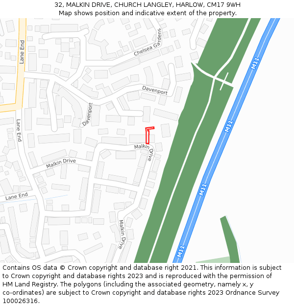 32, MALKIN DRIVE, CHURCH LANGLEY, HARLOW, CM17 9WH: Location map and indicative extent of plot