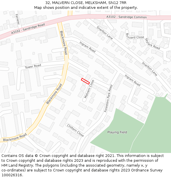 32, MALVERN CLOSE, MELKSHAM, SN12 7RR: Location map and indicative extent of plot