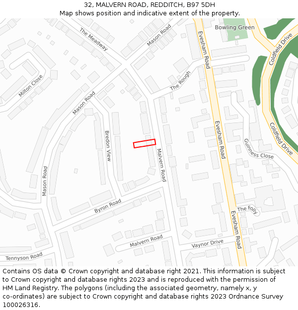 32, MALVERN ROAD, REDDITCH, B97 5DH: Location map and indicative extent of plot