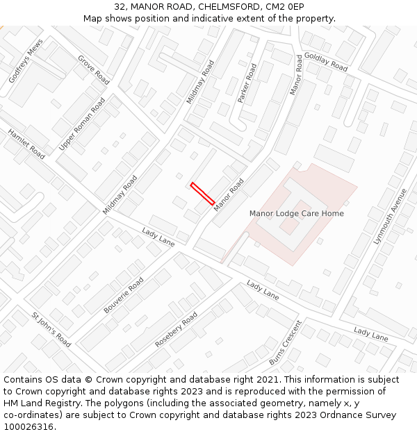 32, MANOR ROAD, CHELMSFORD, CM2 0EP: Location map and indicative extent of plot