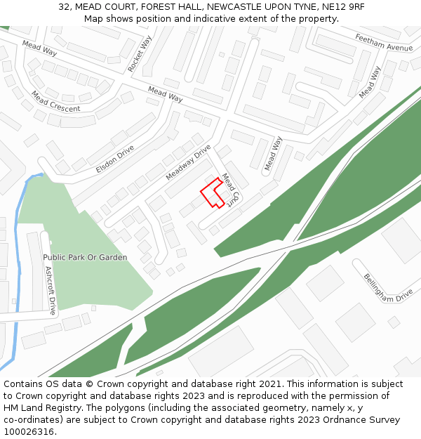 32, MEAD COURT, FOREST HALL, NEWCASTLE UPON TYNE, NE12 9RF: Location map and indicative extent of plot