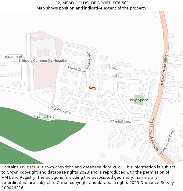 32, MEAD FIELDS, BRIDPORT, DT6 5RF: Location map and indicative extent of plot