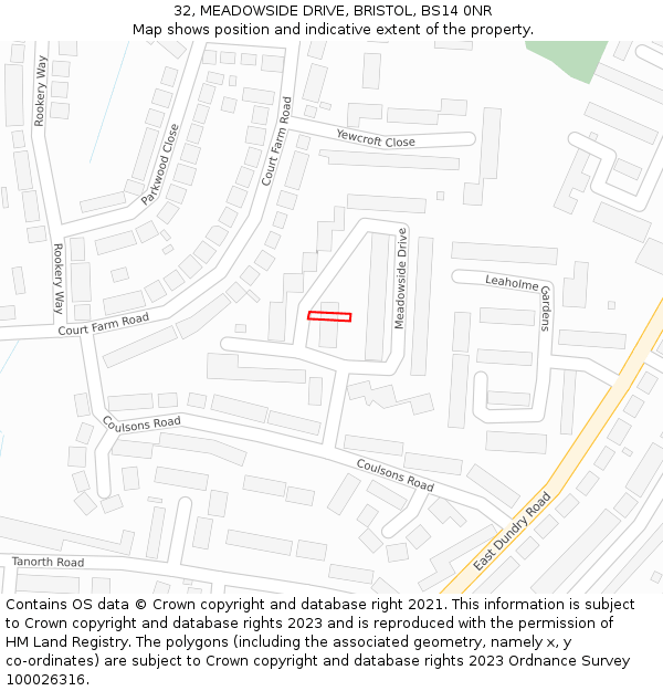 32, MEADOWSIDE DRIVE, BRISTOL, BS14 0NR: Location map and indicative extent of plot
