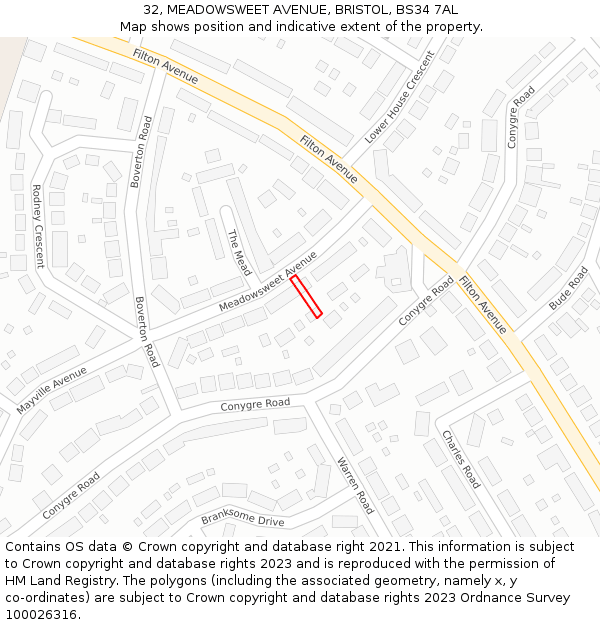 32, MEADOWSWEET AVENUE, BRISTOL, BS34 7AL: Location map and indicative extent of plot