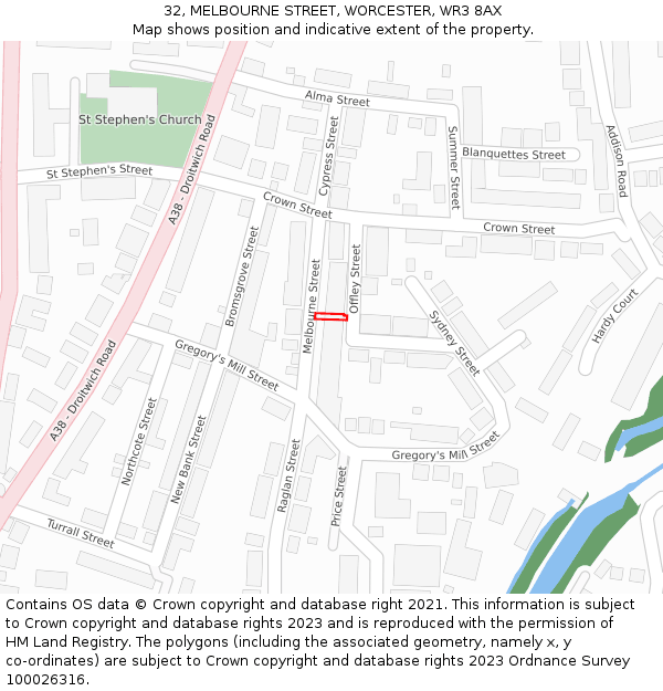 32, MELBOURNE STREET, WORCESTER, WR3 8AX: Location map and indicative extent of plot