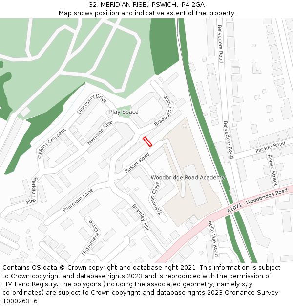 32, MERIDIAN RISE, IPSWICH, IP4 2GA: Location map and indicative extent of plot