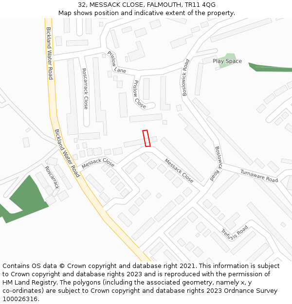 32, MESSACK CLOSE, FALMOUTH, TR11 4QG: Location map and indicative extent of plot
