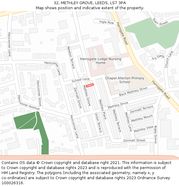 32, METHLEY GROVE, LEEDS, LS7 3PA: Location map and indicative extent of plot