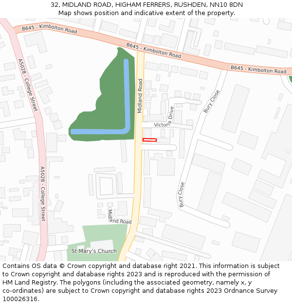 32, MIDLAND ROAD, HIGHAM FERRERS, RUSHDEN, NN10 8DN: Location map and indicative extent of plot