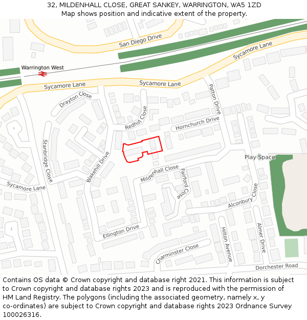 32, MILDENHALL CLOSE, GREAT SANKEY, WARRINGTON, WA5 1ZD: Location map and indicative extent of plot