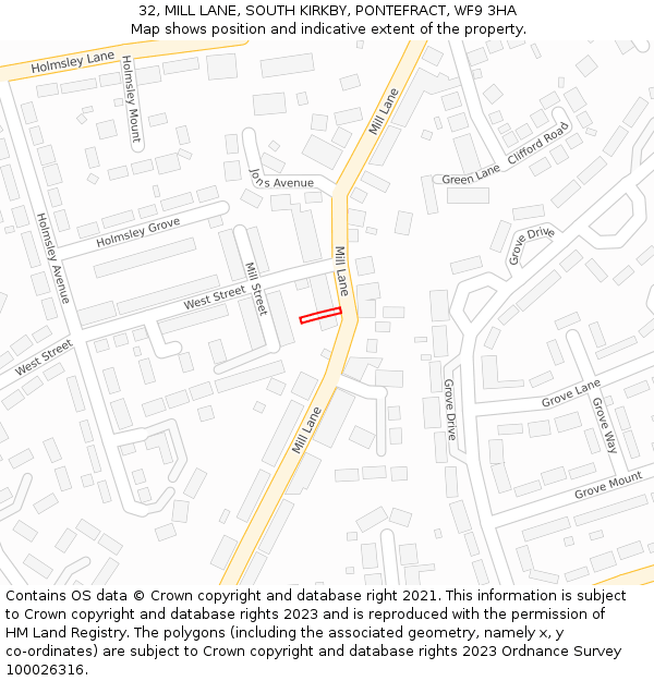 32, MILL LANE, SOUTH KIRKBY, PONTEFRACT, WF9 3HA: Location map and indicative extent of plot