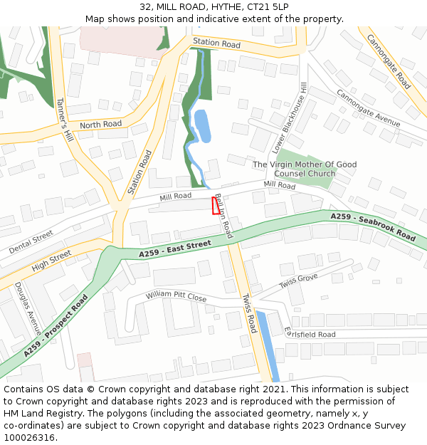32, MILL ROAD, HYTHE, CT21 5LP: Location map and indicative extent of plot
