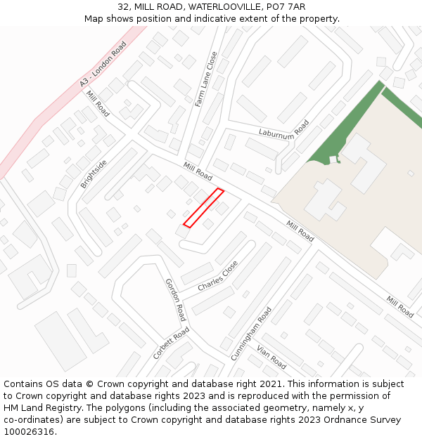 32, MILL ROAD, WATERLOOVILLE, PO7 7AR: Location map and indicative extent of plot