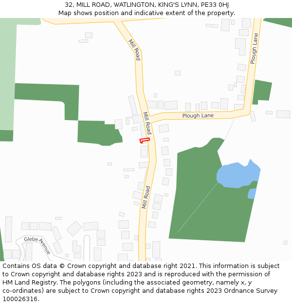 32, MILL ROAD, WATLINGTON, KING'S LYNN, PE33 0HJ: Location map and indicative extent of plot