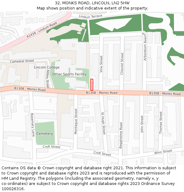 32, MONKS ROAD, LINCOLN, LN2 5HW: Location map and indicative extent of plot