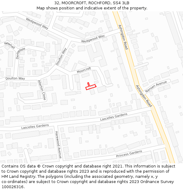 32, MOORCROFT, ROCHFORD, SS4 3LB: Location map and indicative extent of plot