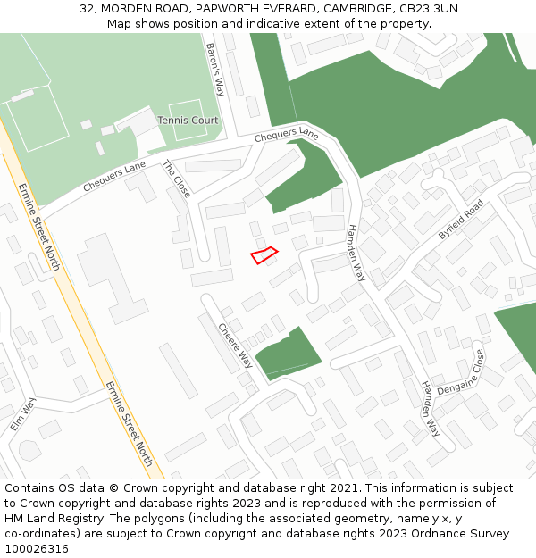 32, MORDEN ROAD, PAPWORTH EVERARD, CAMBRIDGE, CB23 3UN: Location map and indicative extent of plot