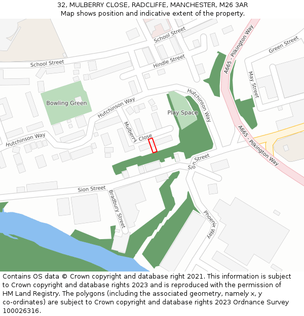 32, MULBERRY CLOSE, RADCLIFFE, MANCHESTER, M26 3AR: Location map and indicative extent of plot