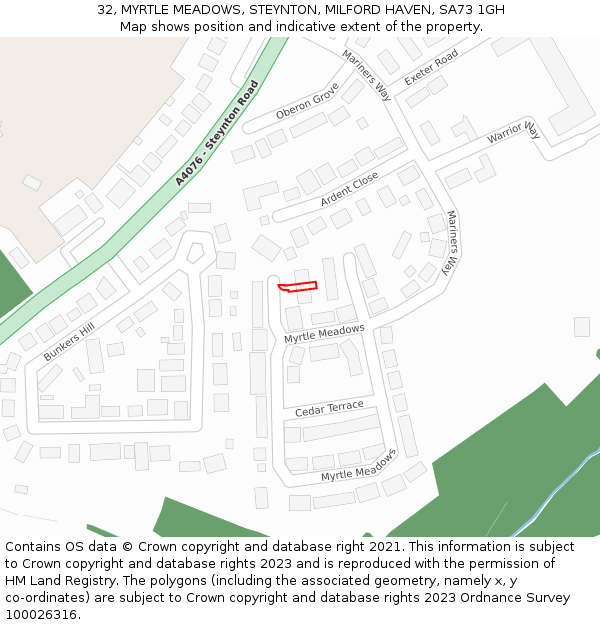 32, MYRTLE MEADOWS, STEYNTON, MILFORD HAVEN, SA73 1GH: Location map and indicative extent of plot