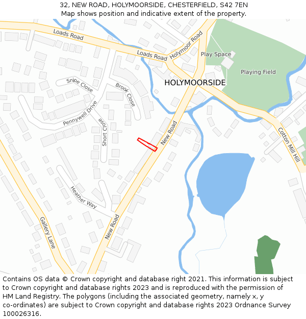 32, NEW ROAD, HOLYMOORSIDE, CHESTERFIELD, S42 7EN: Location map and indicative extent of plot