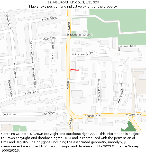 32, NEWPORT, LINCOLN, LN1 3DF: Location map and indicative extent of plot