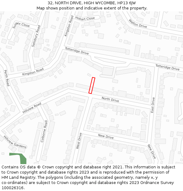 32, NORTH DRIVE, HIGH WYCOMBE, HP13 6JW: Location map and indicative extent of plot