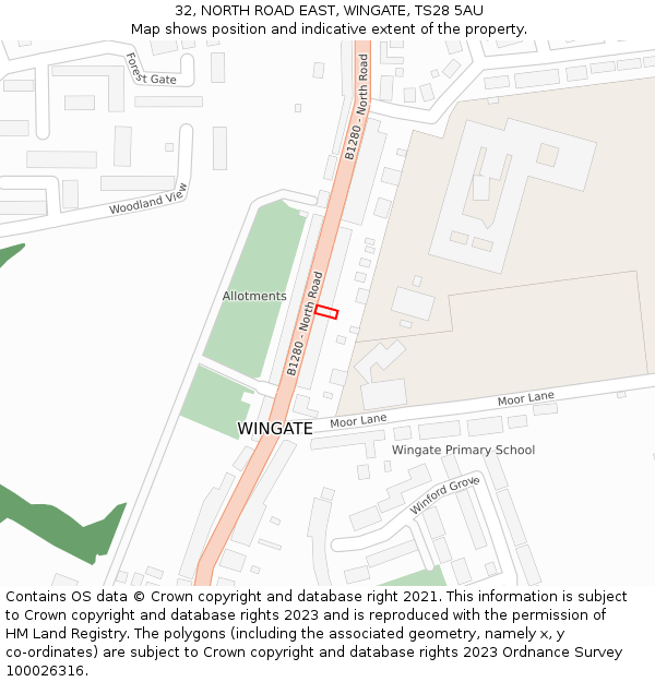 32, NORTH ROAD EAST, WINGATE, TS28 5AU: Location map and indicative extent of plot