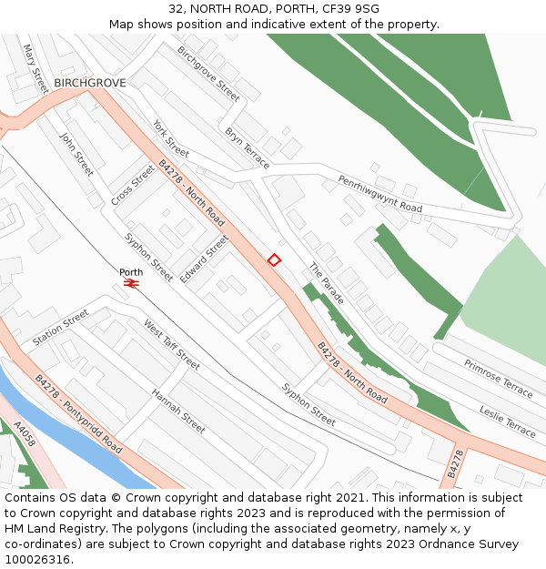 32, NORTH ROAD, PORTH, CF39 9SG: Location map and indicative extent of plot