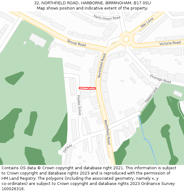 32, NORTHFIELD ROAD, HARBORNE, BIRMINGHAM, B17 0SU: Location map and indicative extent of plot