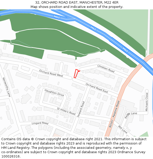 32, ORCHARD ROAD EAST, MANCHESTER, M22 4ER: Location map and indicative extent of plot