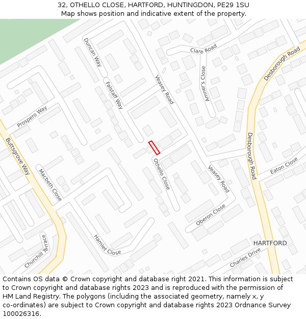 32, OTHELLO CLOSE, HARTFORD, HUNTINGDON, PE29 1SU: Location map and indicative extent of plot