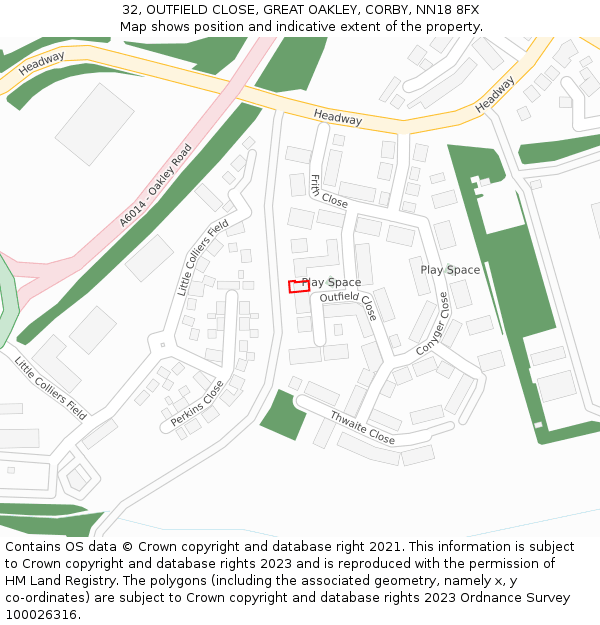 32, OUTFIELD CLOSE, GREAT OAKLEY, CORBY, NN18 8FX: Location map and indicative extent of plot