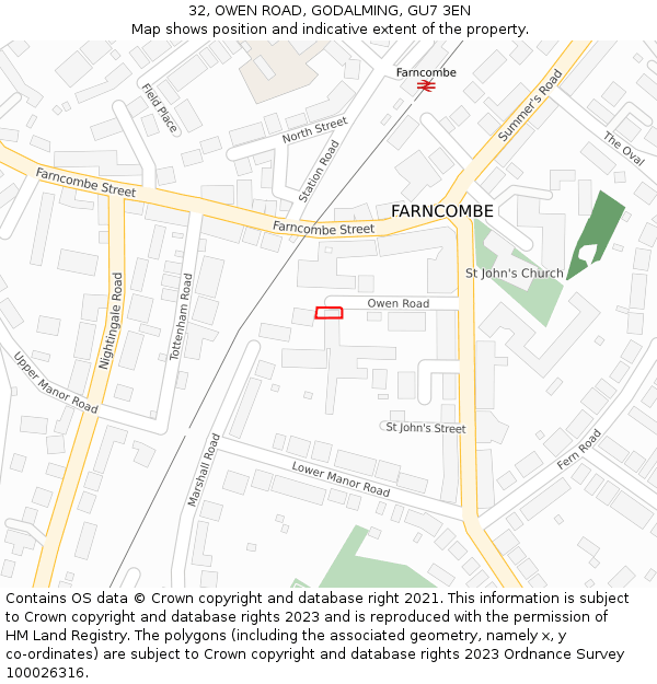 32, OWEN ROAD, GODALMING, GU7 3EN: Location map and indicative extent of plot