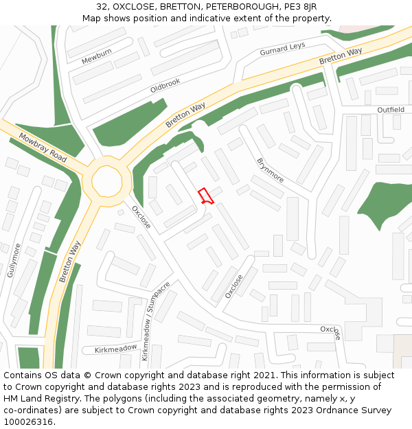 32, OXCLOSE, BRETTON, PETERBOROUGH, PE3 8JR: Location map and indicative extent of plot