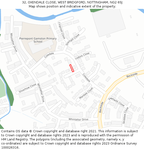 32, OXENDALE CLOSE, WEST BRIDGFORD, NOTTINGHAM, NG2 6SJ: Location map and indicative extent of plot