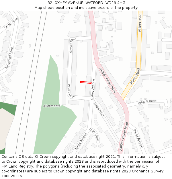 32, OXHEY AVENUE, WATFORD, WD19 4HG: Location map and indicative extent of plot