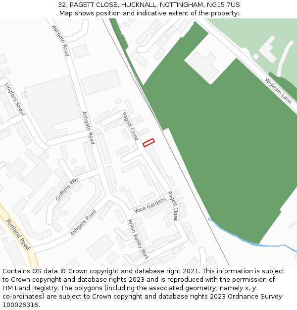 32, PAGETT CLOSE, HUCKNALL, NOTTINGHAM, NG15 7US: Location map and indicative extent of plot