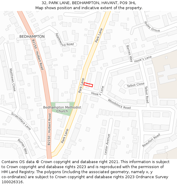 32, PARK LANE, BEDHAMPTON, HAVANT, PO9 3HL: Location map and indicative extent of plot