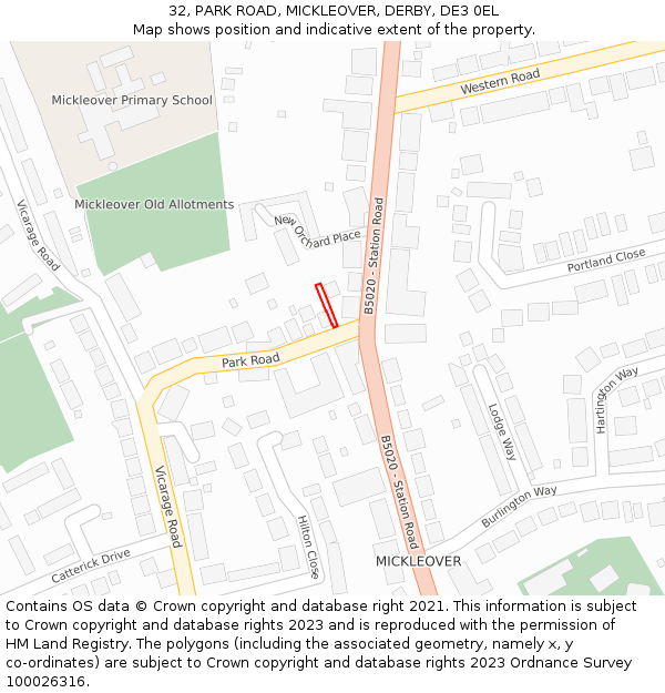 32, PARK ROAD, MICKLEOVER, DERBY, DE3 0EL: Location map and indicative extent of plot