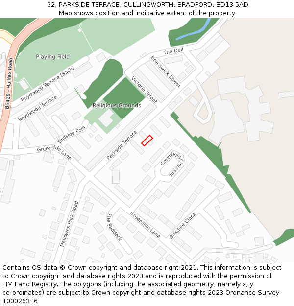 32, PARKSIDE TERRACE, CULLINGWORTH, BRADFORD, BD13 5AD: Location map and indicative extent of plot