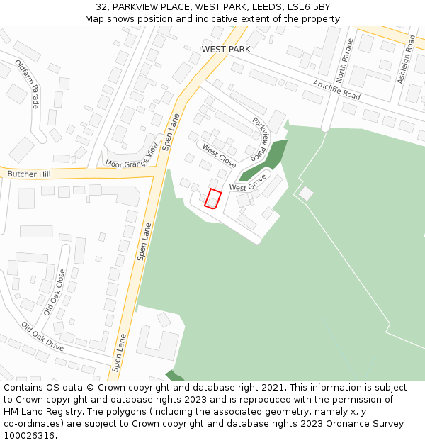 32, PARKVIEW PLACE, WEST PARK, LEEDS, LS16 5BY: Location map and indicative extent of plot