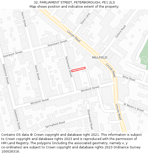 32, PARLIAMENT STREET, PETERBOROUGH, PE1 2LS: Location map and indicative extent of plot