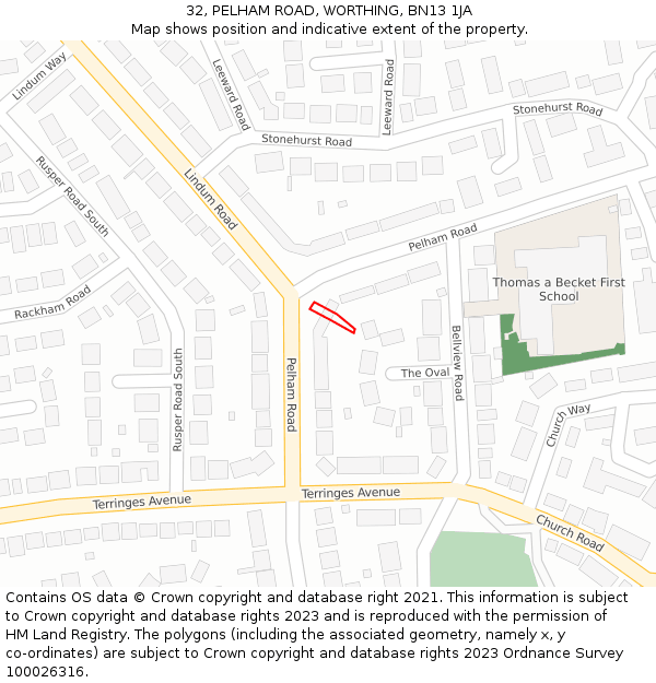32, PELHAM ROAD, WORTHING, BN13 1JA: Location map and indicative extent of plot