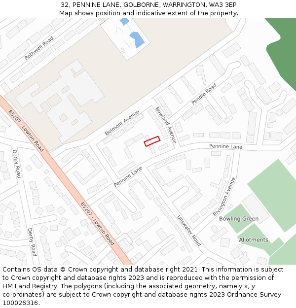 32, PENNINE LANE, GOLBORNE, WARRINGTON, WA3 3EP: Location map and indicative extent of plot
